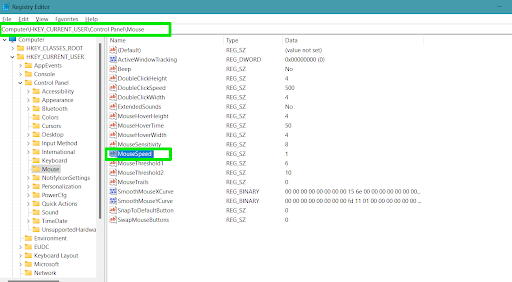 Now, go to the right side of the screen and double-click the <em>MouseSpeed</em> registry string (REG_SZ)