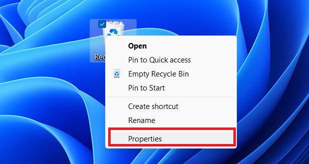 Right-click the Recycle Bin and select Properties