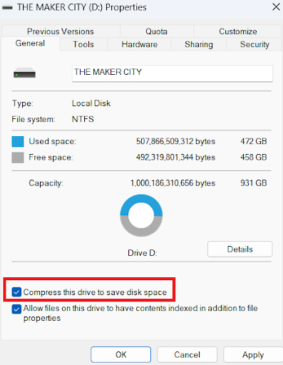Check Compress this drive to save disk space