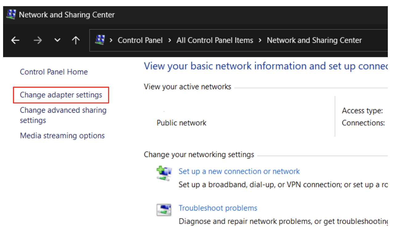 click on the “Change adapter settings” link