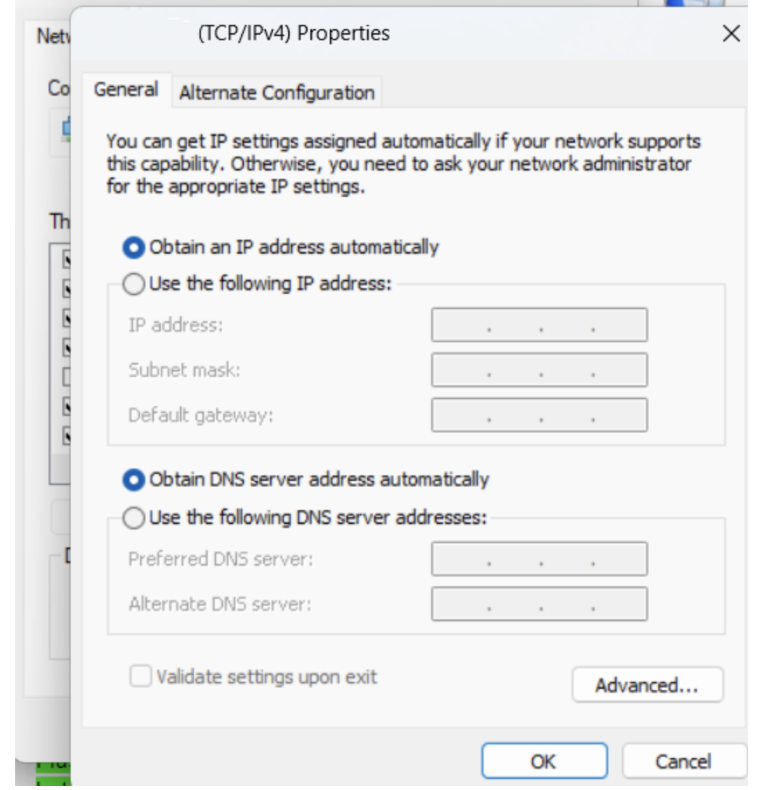 ensure both “Obtain an IP address automatically” and “Obtain DNS server address automatically” are selected