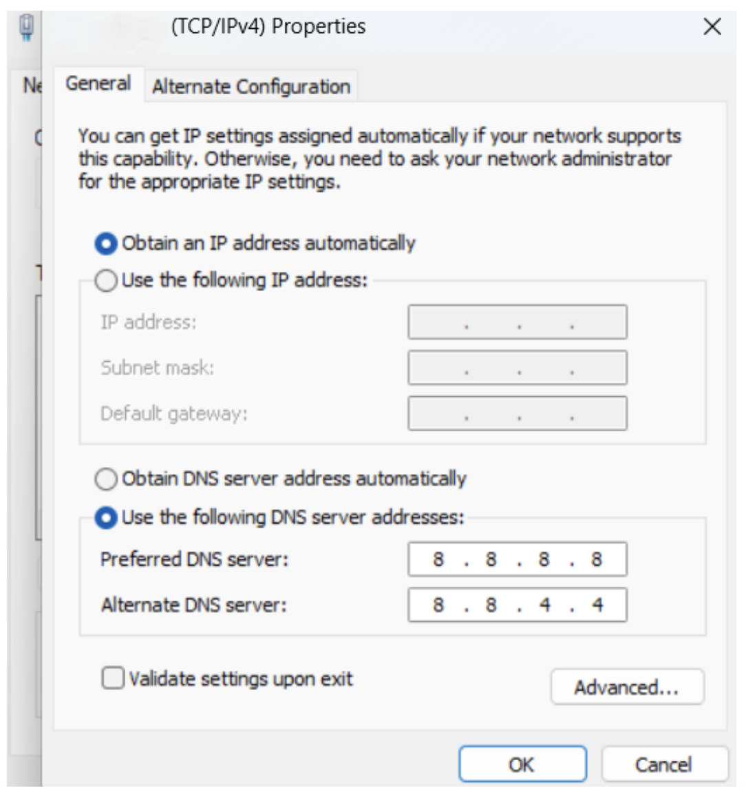 Set “Alternate DNS server” to 8.8.4.4