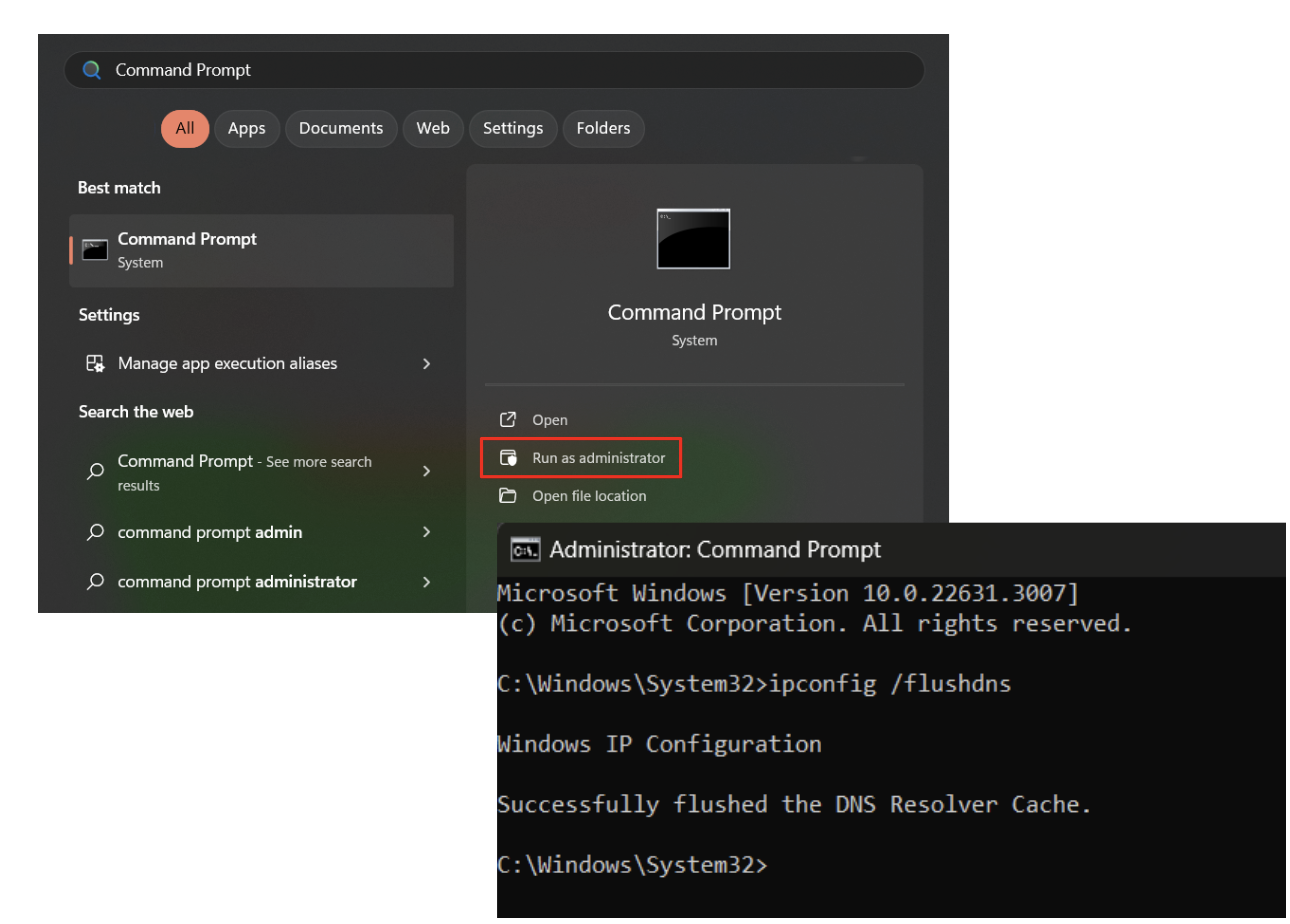 In the Command Prompt, type “ipconfig /flushdns” and hit Enter