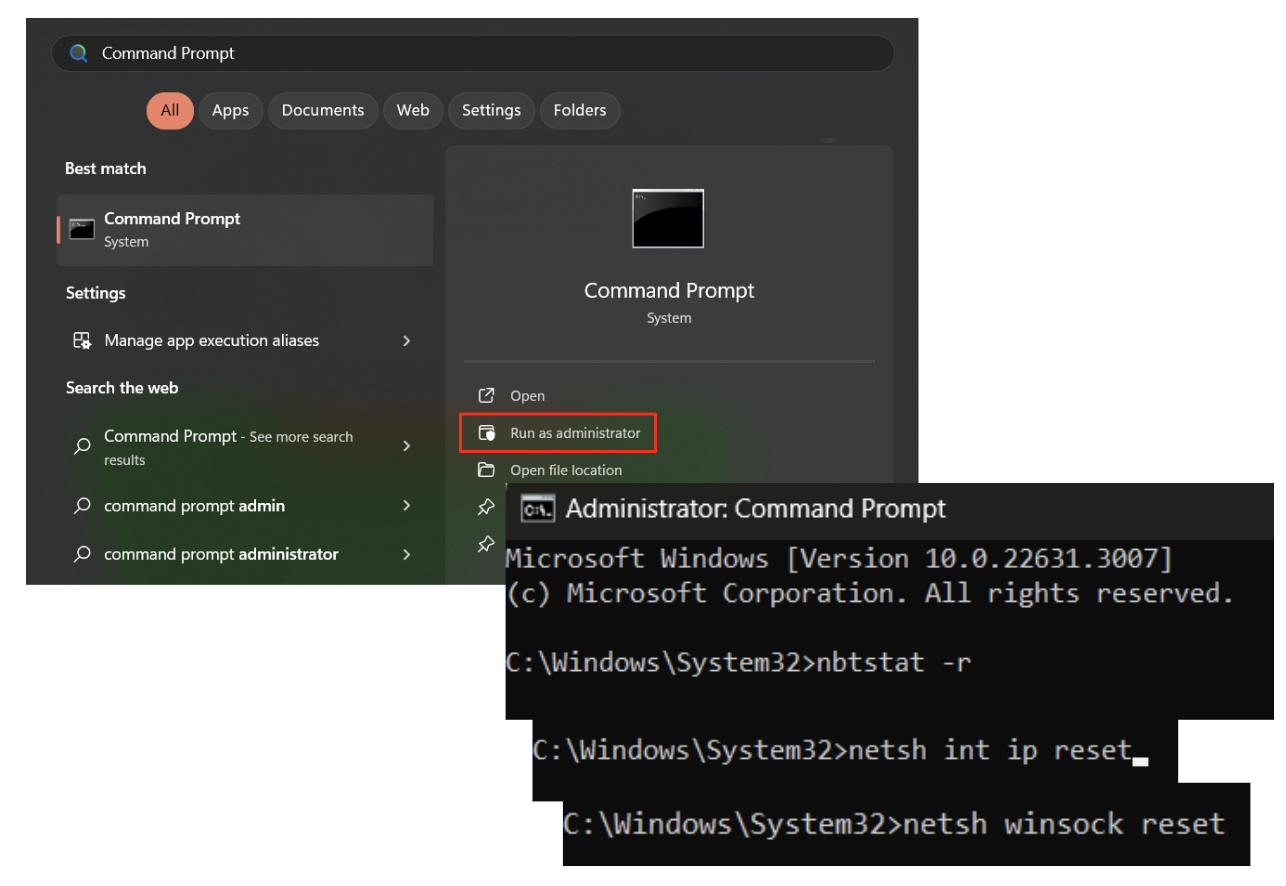 Type the commands below and make sure you press Enter after each: nbtstat –r netsh int ip reset netsh winsock reset