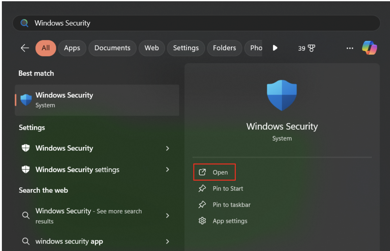 Click on the Start button, type “Windows Security” into the search bar, and press Enter or click on “Open.