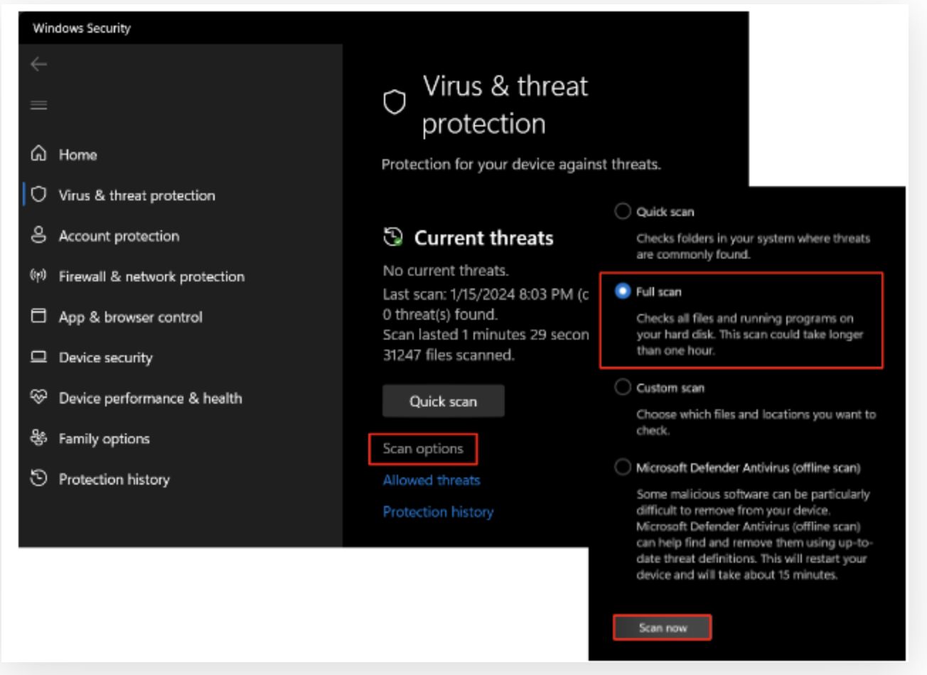 Click on the “Scan now” button to initiate the malware scan.