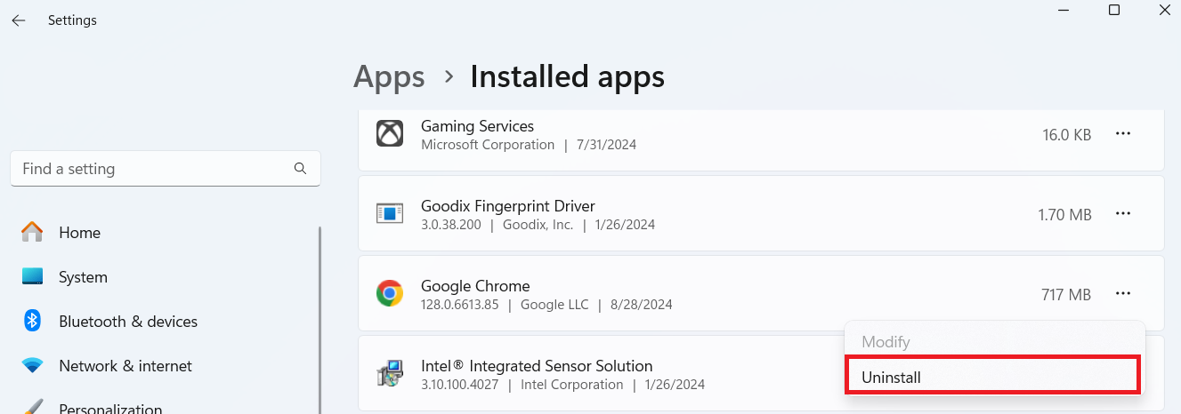 Select Uninstall
