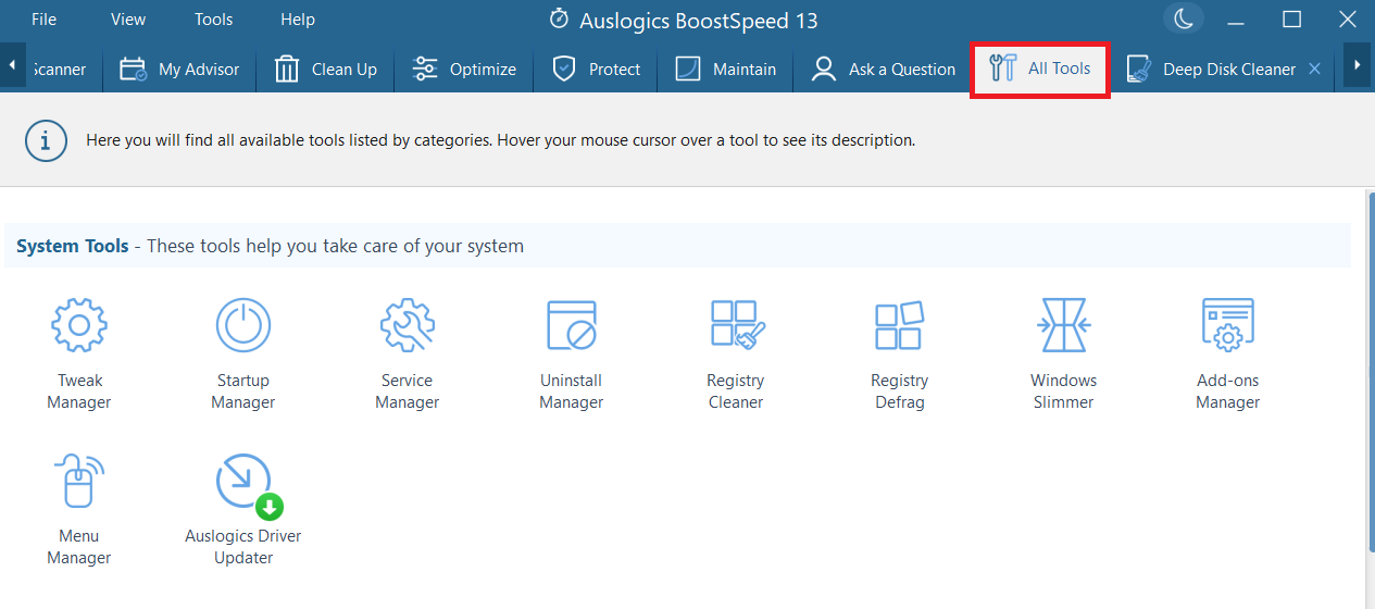 In Auslogics BoostSpeed, click on All Tools