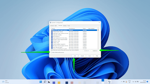 Click on the check box beside “Hide all Microsoft services,” then click on Disable all