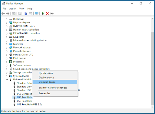 USB Root Hub uninstall device