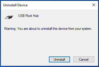 Uninstall USB root hub Warning