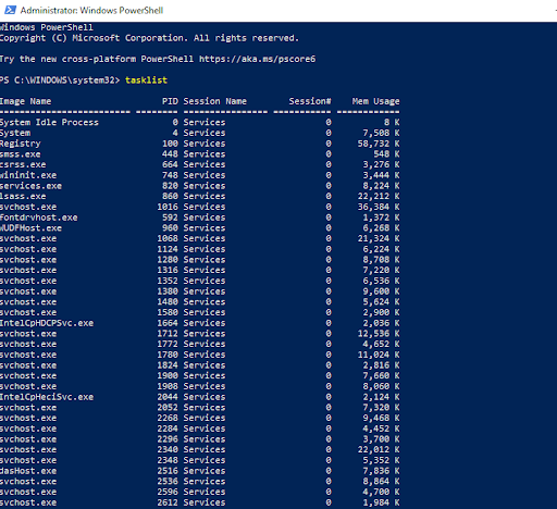 Type <i>tasklist</i> and press Enter once the PowerShell window opens to display running programs