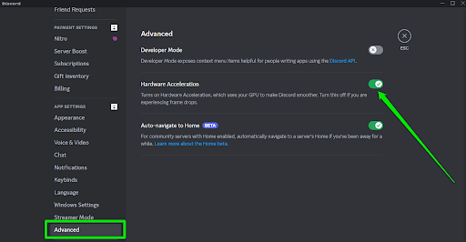 Go to the right side of the screen and toggle off the <em>Hardware Acceleration</em> switch if it’s enabled