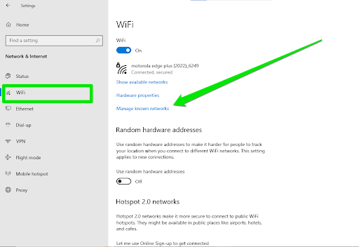 Click on Manage known networks