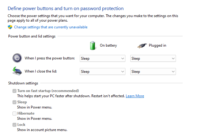 Select Change settings that are currently unavailable