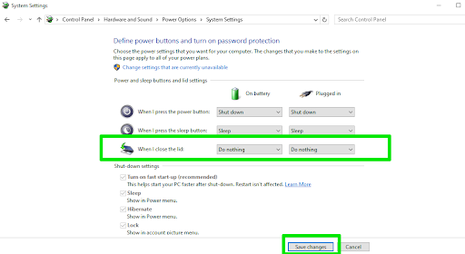System settings when I close the lid