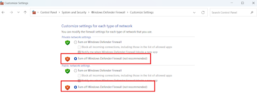 Select Turn off Windows Defender Firewall