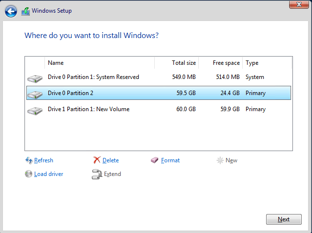 Under Where do you want to install Windows, you will see several partitions