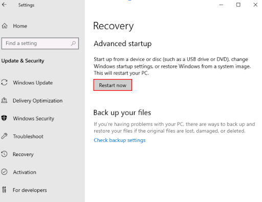 Choose <i>Restart now</i> under <i>Advanced startup</i>