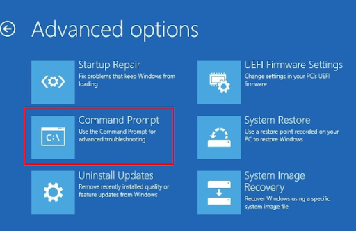Choose Advanced options and select Command Prompt