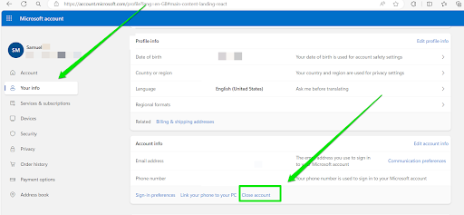 Scroll to the <i>Account info</i> section and click <i>Close account</i>