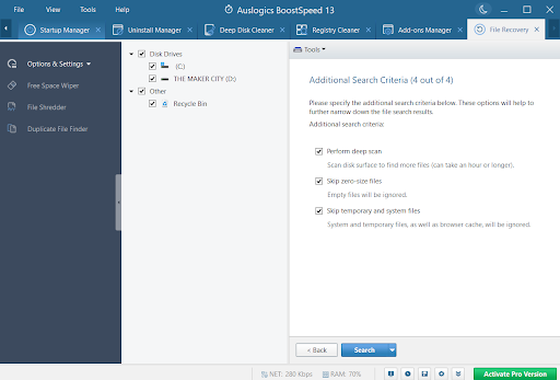 Narrow down your deleted file search with additional parameters on Auslogics BoostSpeed