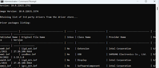 Command Prompt driver packages listing