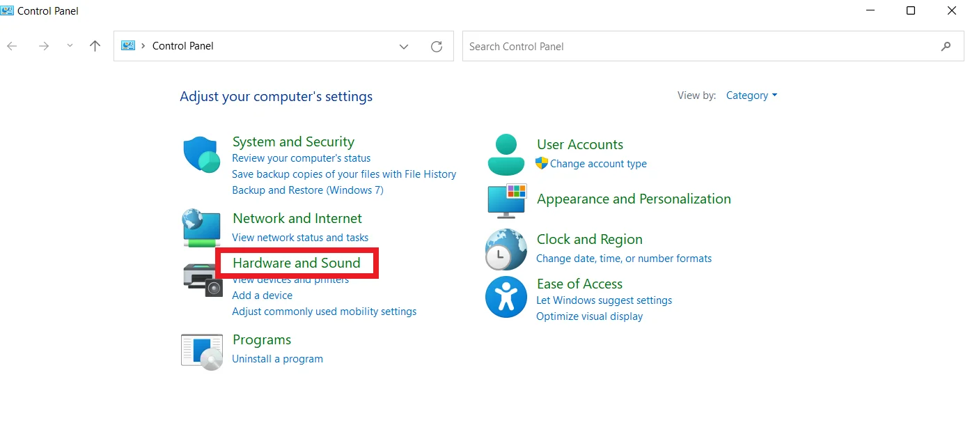 Ensure View by is set to Category. Then, click on Hardware and Sound