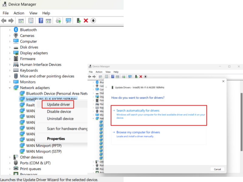 Select Search for drivers automatically