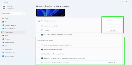Lock screen advanced slideshow settings