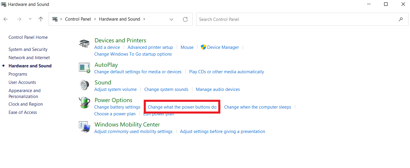 Next, click Choose what the power buttons do under the Power Options section