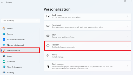 When the setting windows opens, click on <i>Personalization </i>and select <i>Taskbar</i>