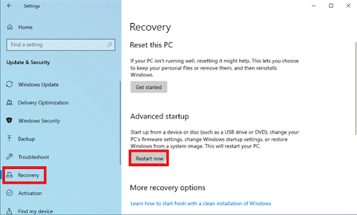 Go to the right pane, scroll down, and then click on <em>Restart now</em> under <em>Advanced start-up</em>