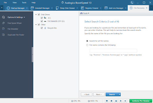 Select search criteria BoostSpeed