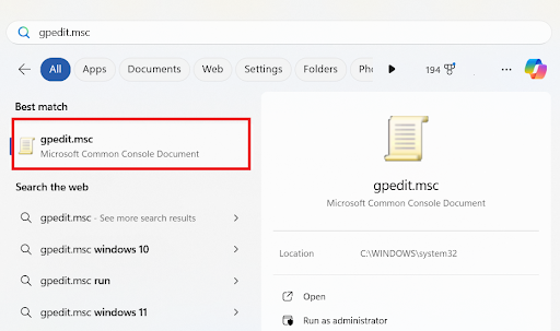 Type in gpedit msc