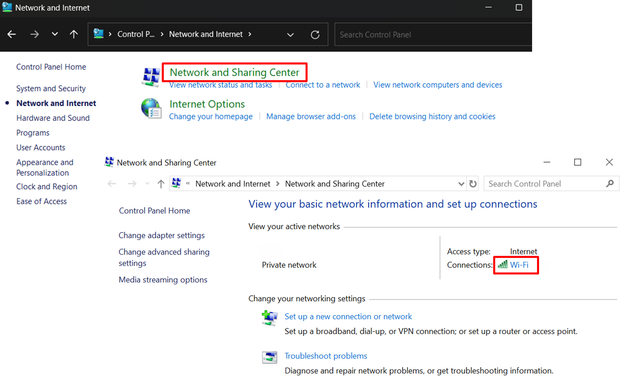 In the “View your active networks” section, click on your Wi-Fi connection’s name