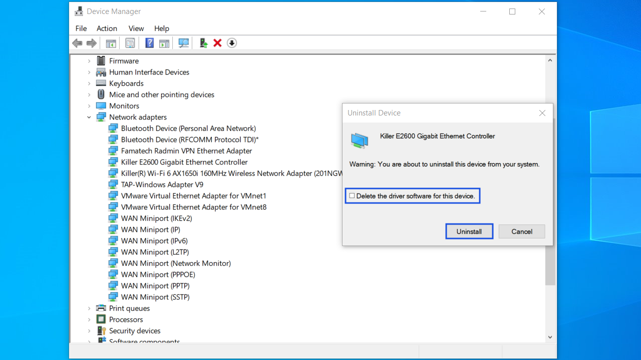 C heck the Delete the driver software for this device box