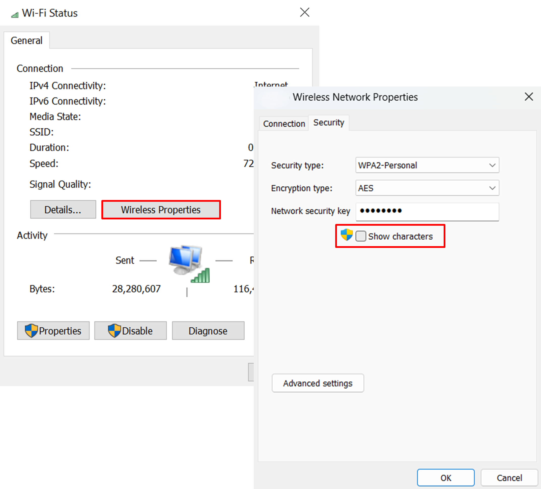 Navigate to the “Security” tab and check the “Show characters” box to view your Wi-Fi password. It will be displayed next to “Network security key.