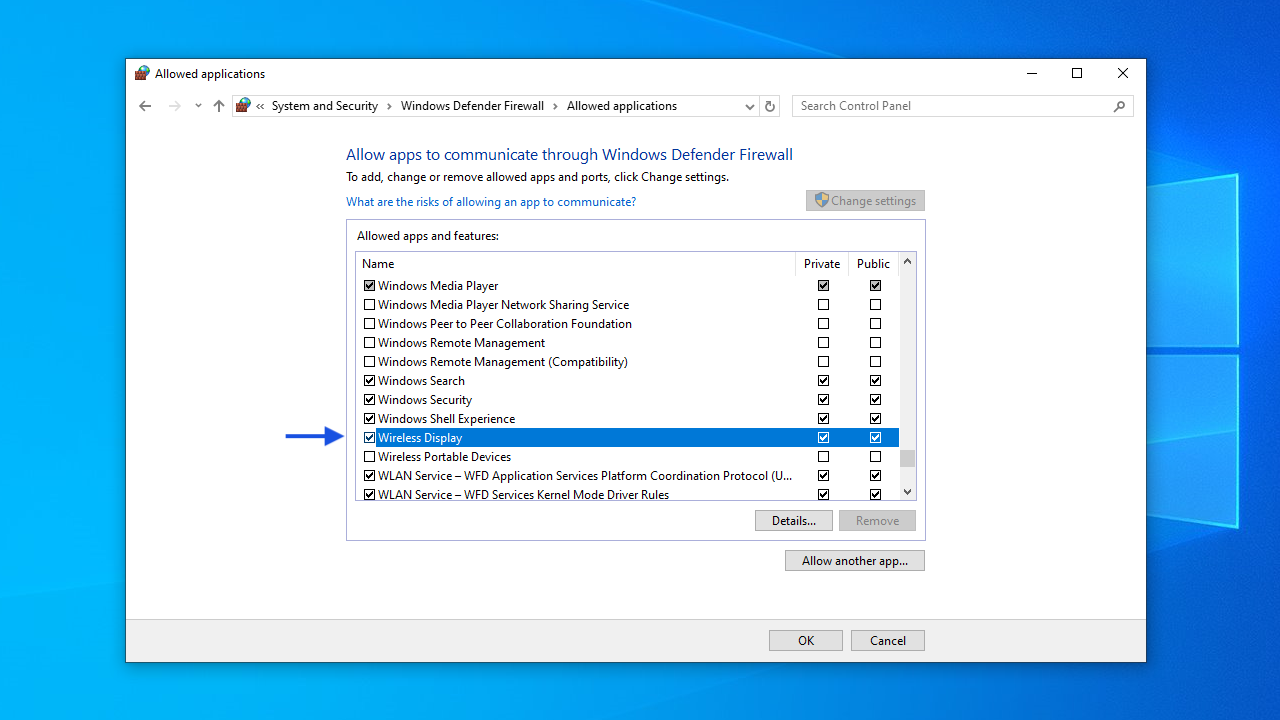 Tick the boxes in both the “Private” and “Public” columns next to “Wireless Display”