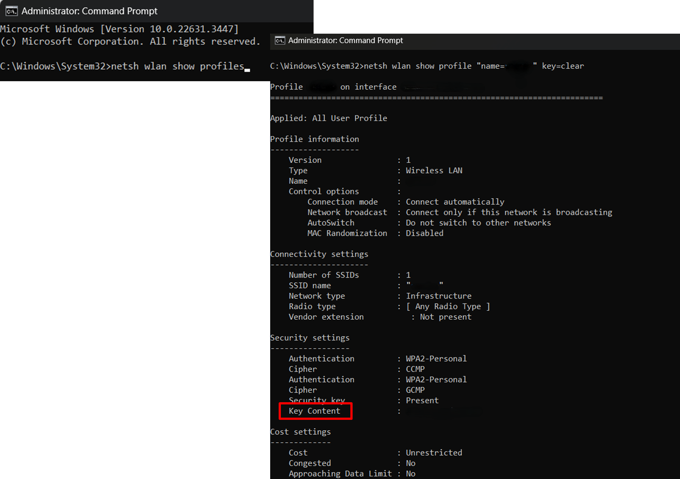 The Command Prompt will show your Wi-Fi password next to the Key Content parameter