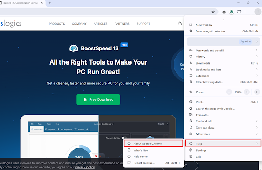 Click <i>Help </i>and select <i>About Google Chrome</i>