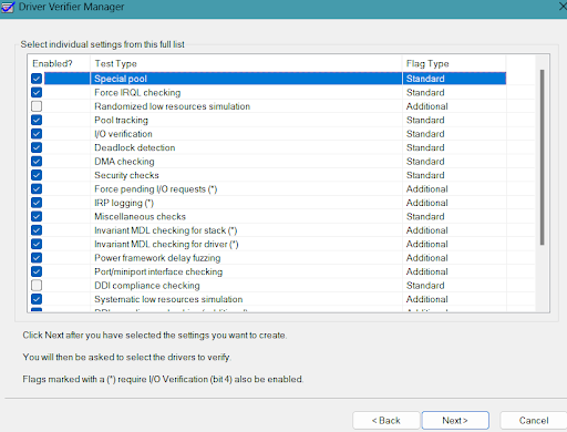 Driver Verifier Manager select individual settings from this full list