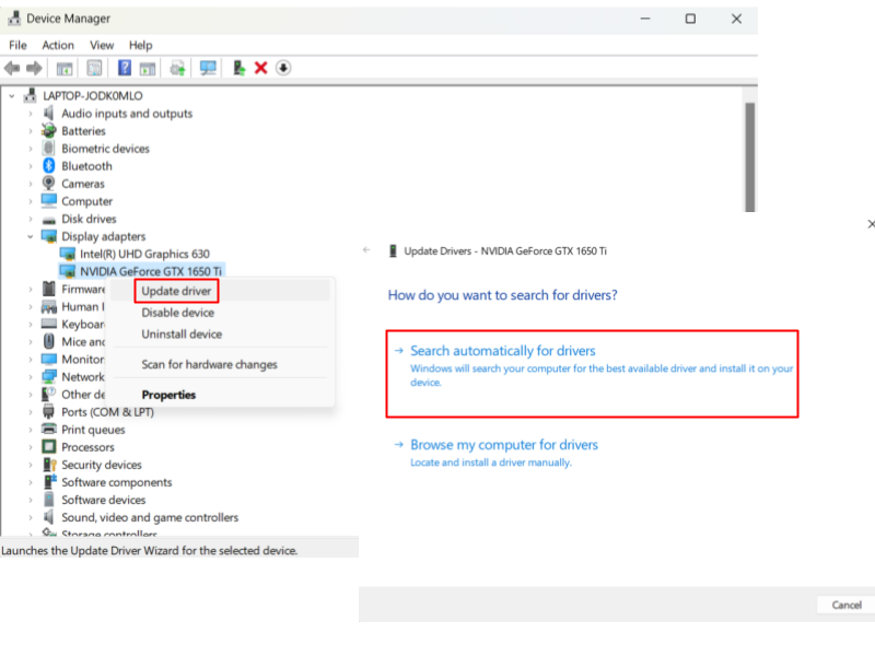 Select Search automatically for drivers