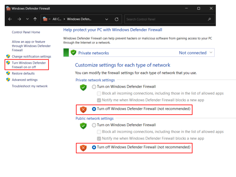 Select <em>Turn off Windows Firewall (not recommended)</em>