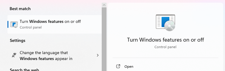 Select Turn Windows features on/off search