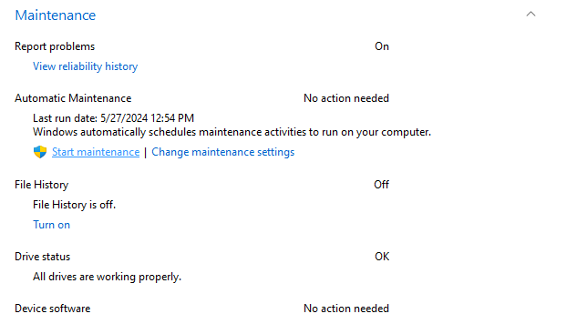 Under <em>Automatic Maintenance</em><strong>, </strong>click <em>Start maintenance</em>