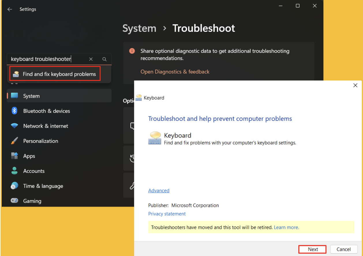 Click Next and follow the prompts to identify and apply any recommended fixes