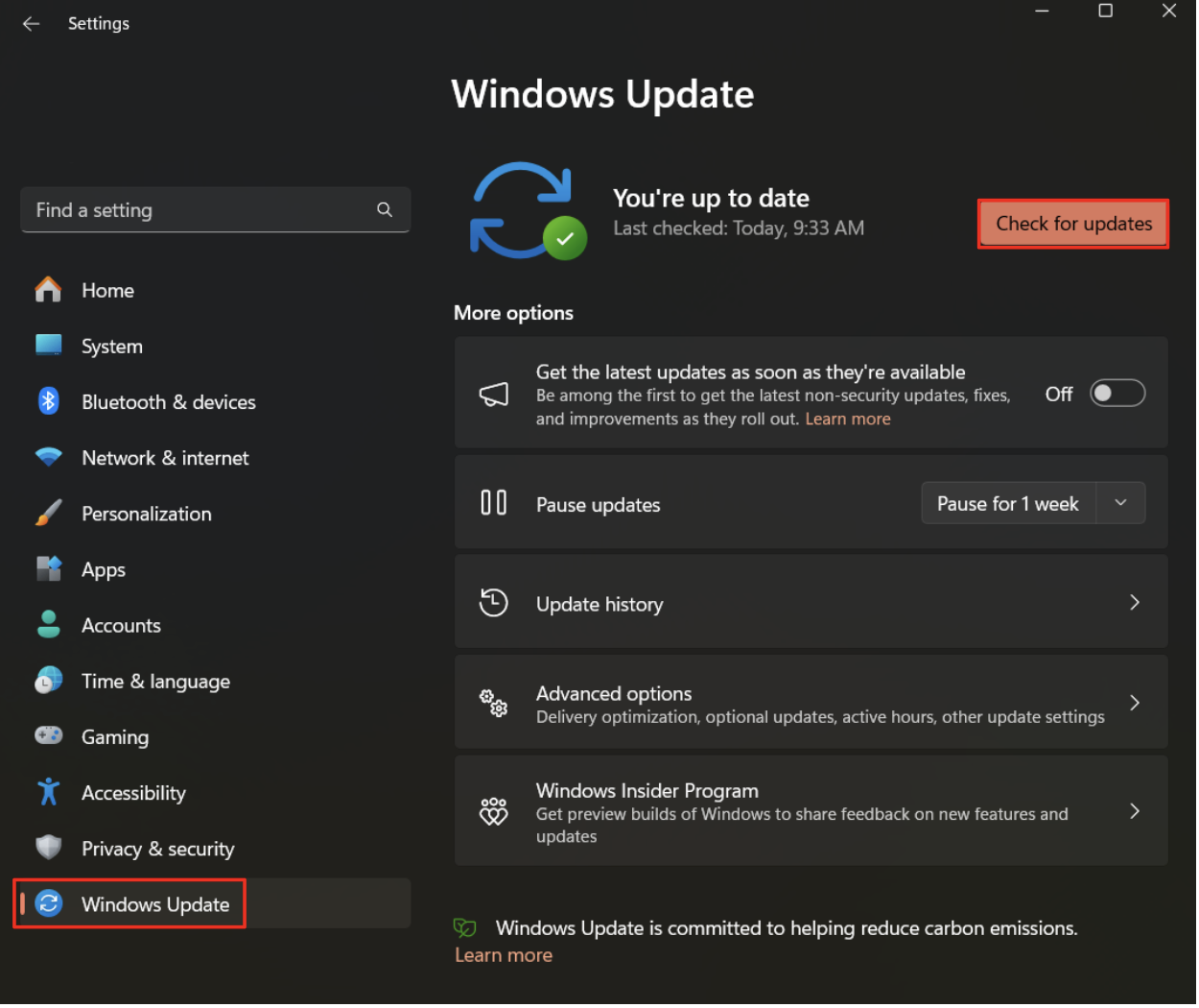 Select Windows Update from the left-side panel and click “Check for updates