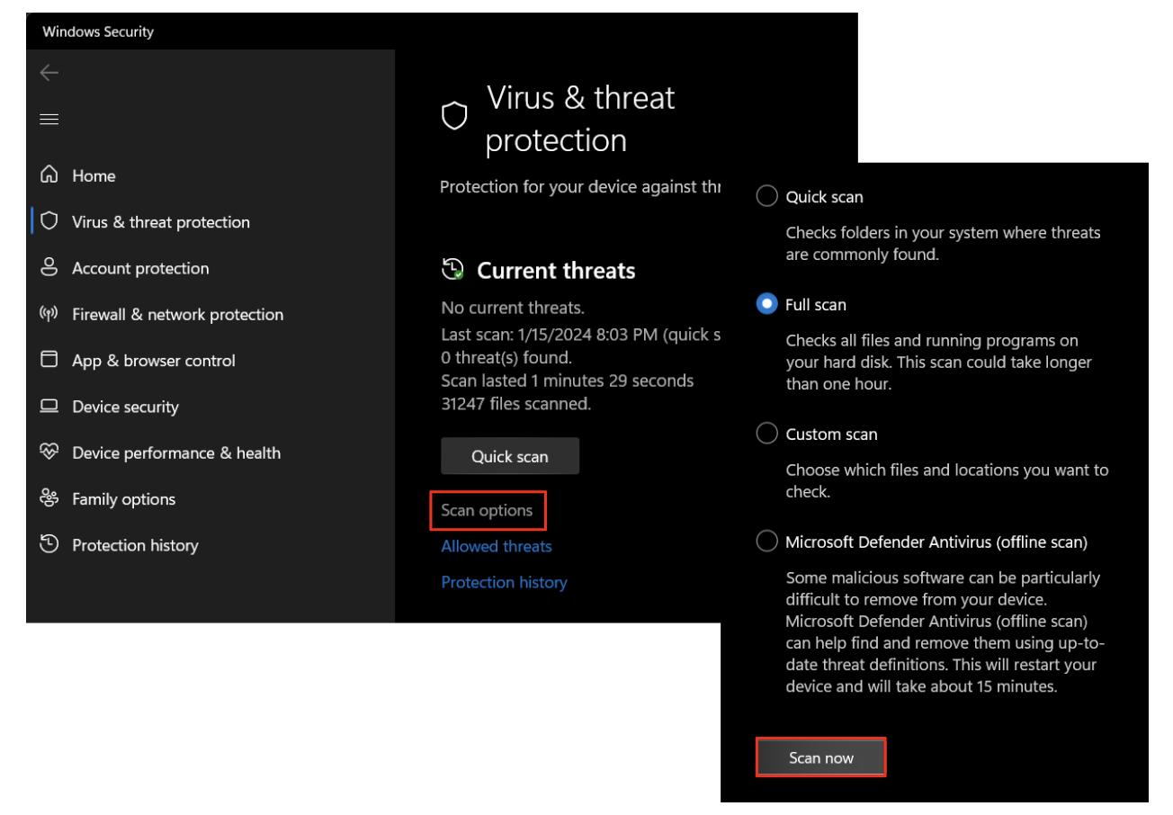 Select “Full scan” and press “Scan now