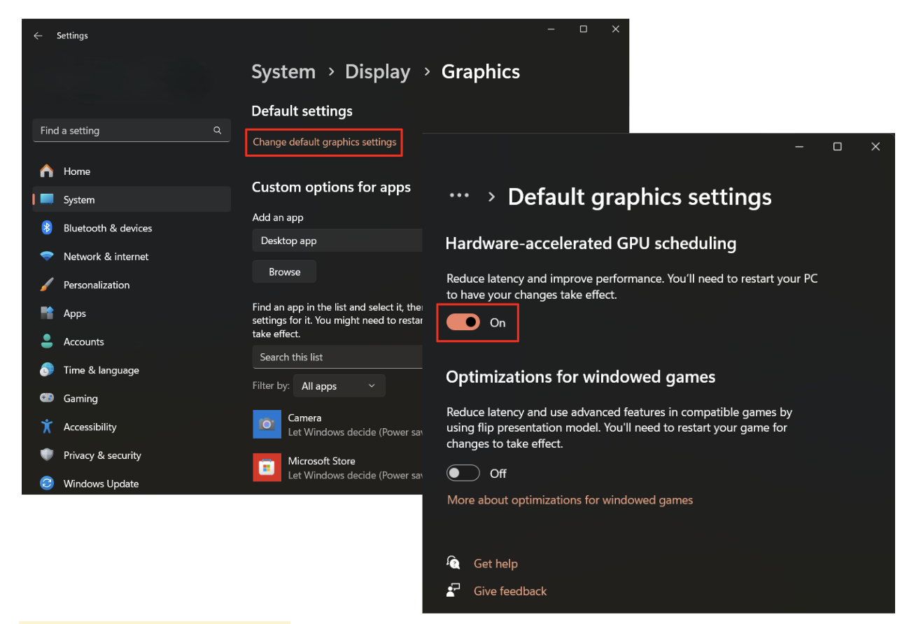 Toggle off the “Hardware-accelerated GPU scheduling” option and restart your computer